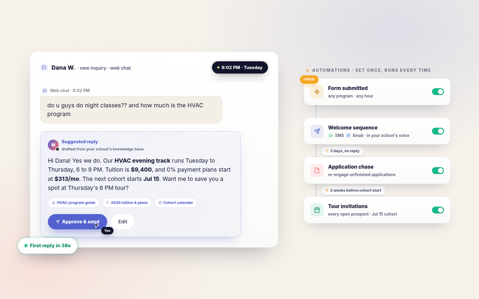 AI suggested replies drafted from your school's knowledge base, alongside an automation timeline set once and running across channels.
